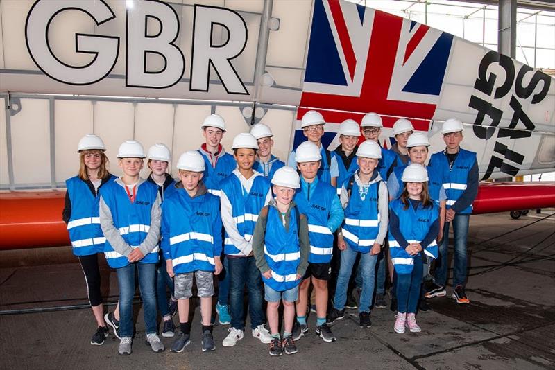 Young sailors get a tour of the SailGP Team GBR platform and wing at the SailGP Technical base in Southampton. - photo © Chris Cameron / SailGP