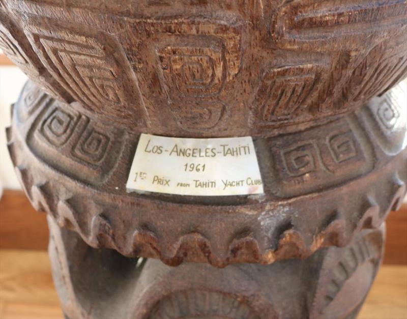 Close-up of the plaque on the beautiful hand-carved tiki drum trophy awarded in 1961 by Tahiti YC photo copyright Tribal Photo taken at Transpacific Yacht Club