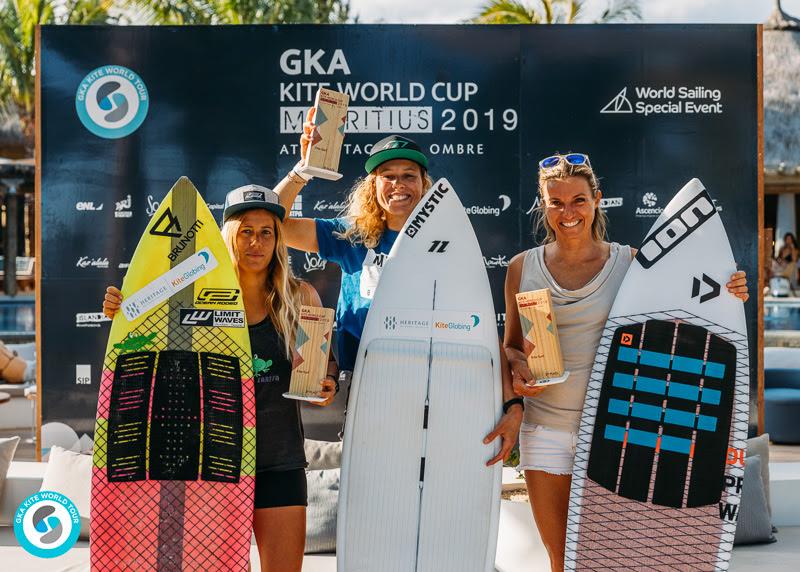 Women's Kite-Surf, left to right: 3rd Carla Herrera-Oria (ESP) / 1st Jalou Langeree (NED) / 2nd Ninja Ricot (MRU) - photo © Ydwer van der Heide