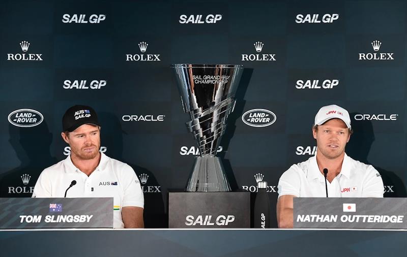 Tom Slingsby and Nathan Outteridge with the SailGP Championship trophy photo copyright SailGP taken at 