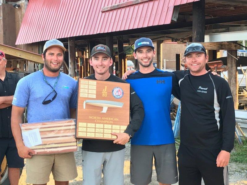 From left to right, the youthful team of Matt Coughlin (tactician), Henry Tomlinson (bow), George Luber (trimmer), and Cam Tougas (helm), won the 2019 J/80 North American Championship aboard AEGIR #487 on Lake Winnipesaukee September 22, 2019. - photo © www.j80na.com