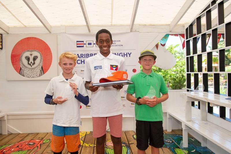 Optimist winner Ozani Lafond with 2nd placed Patrick Greensmith and 3rd placed - 2019 Caribbean Dinghy Championships photo copyright Ted Martin / Antigua Photography taken at Antigua Yacht Club