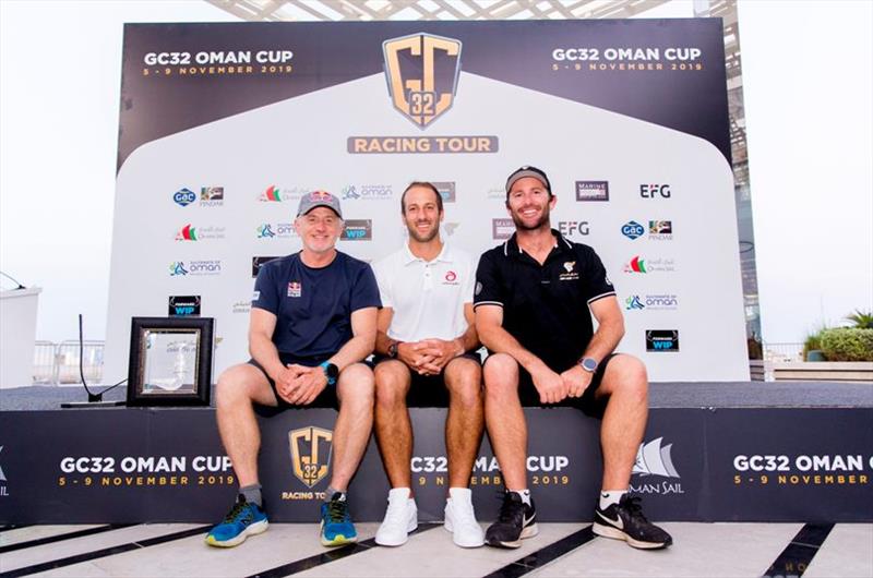 The trio of winning skippers (from left to right) Red Bull Sailing Team's Roman Hagara, Alinghi's Arnaud Psarofaghis and Oman Air's Adam Minoprio - GC32 Oman Cup day 4 photo copyright Sailing Energy / GC32 Racing Tour taken at 