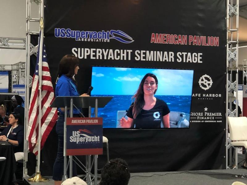 Joanne Drake, Manager of Superyacht Group Great Barrier Reef presenting at the USSA Pavilion - photo © AIMEX