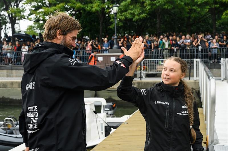 Boris Herrmann with Greta Thunberg at the finish of their transatlantic crossing in August 2019. - photo © Jen Edney / Team Malizia