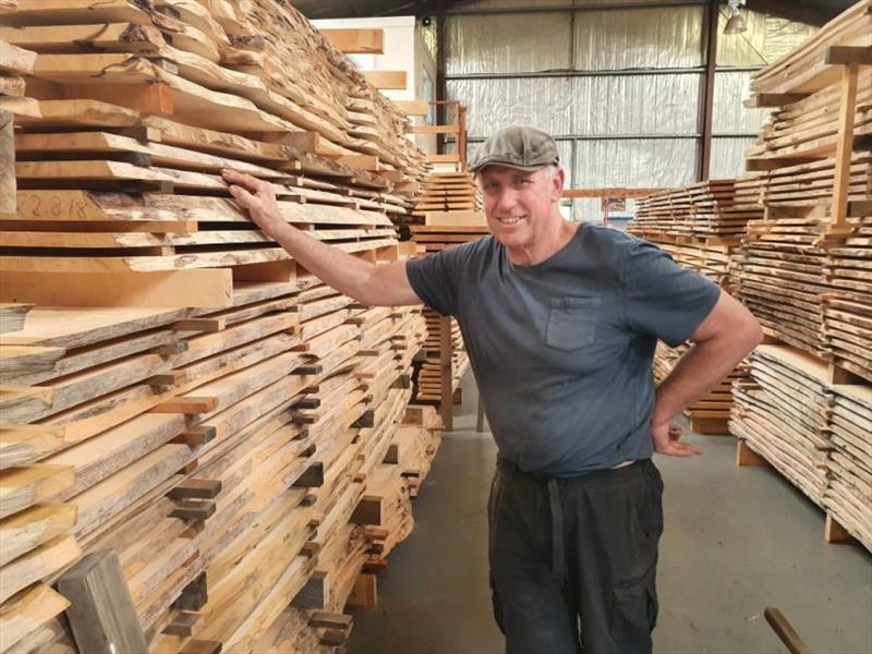 Randal posing in his hallways of Huon Pine photo copyright Australian Wooden Boat Festival taken at 