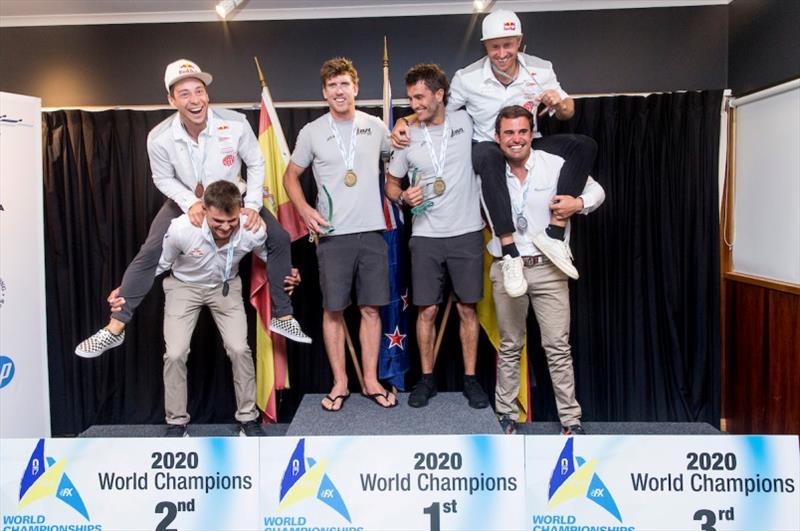 49er gold, silver and bronze medallists having some fun at the trophy presentation at Royal Geelong Yacht Club photo copyright Pedro Martinez / Sailing Energy taken at Royal Geelong Yacht Club