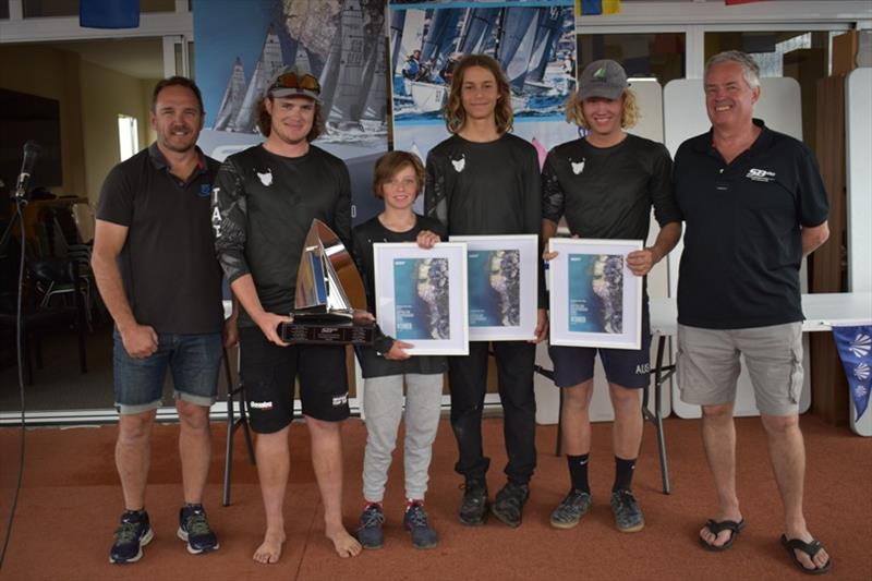 Incoming SB20 Australia President Scott Glanville with Taz Racing Team Will Sargent, Harry Gregory, Ed Reid, Jacob McConaghy and outgoing President Stephen Catchpool - Spring Bay Mill SB20 Australian Championship 2020, final day photo copyright Jane Austin taken at Derwent Sailing Squadron