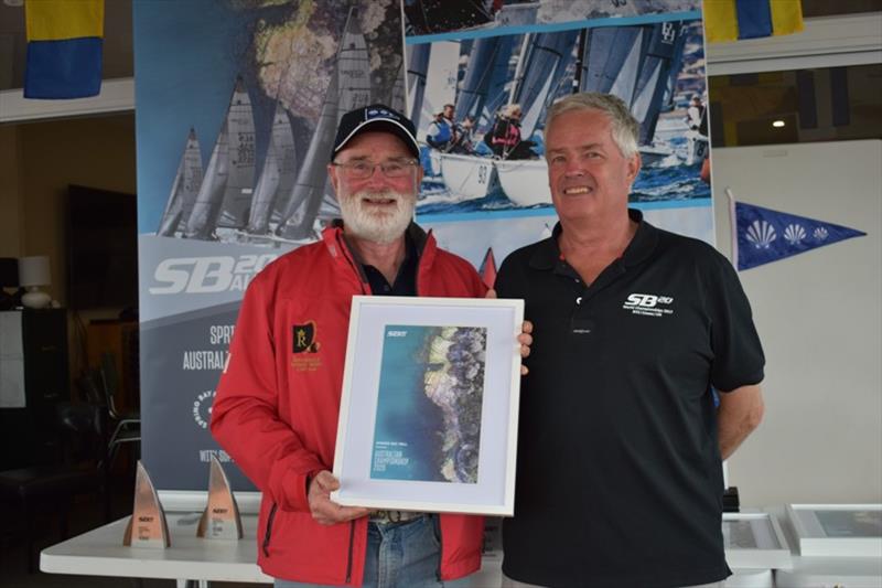 Spring Bay Boat Club Commodore John Hall with outgoing SB20 Australia President Stephen Catchpool - Spring Bay Mill SB20 Australian Championship 2020, final day - photo © Jane Austin