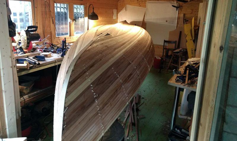 Home-building a Rangley Lake Double Ender - hull glued and ready for smoothing - photo © Andy Ford