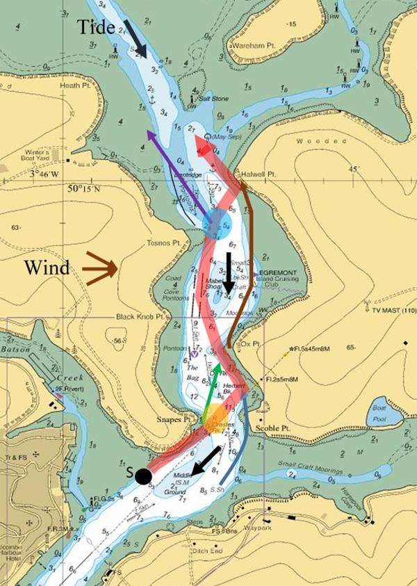 Map of the Salcombe 'Bag' area with marked routes and pinch zones photo copyright Malcolm Mackley taken at Salcombe Yacht Club