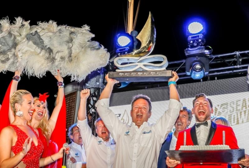 Porto Cervo, September 2019: Guillermo Parada celebrates Azzurra's fourth title in the 52 Super Series overall photo copyright Nico Martinez / 52 Super Series taken at 