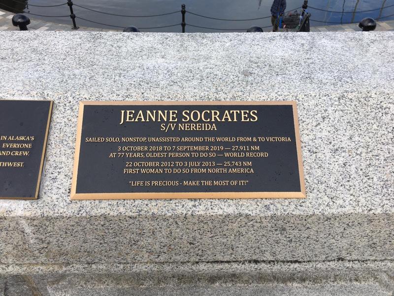 Plaque commemorating Jeanne's historic solo, nonstop, circumnavigation photo copyright Jeanne Socrates taken at 