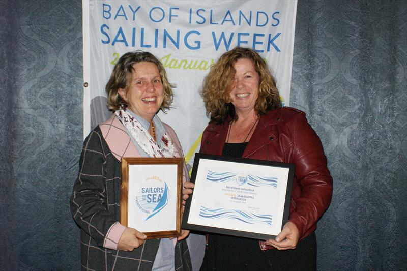 Manuela Gmuer-Hornell (left) and Cath Beaumont (right) display the Gold Level Clean Regatta certification awarded to Bay of Islands Sailing Week photo copyright BOISW taken at Bay of Islands Yacht Club