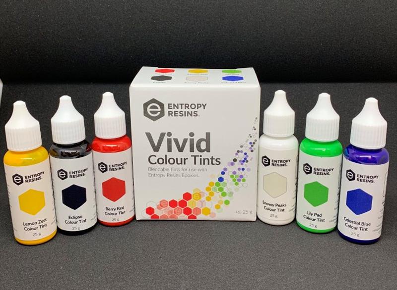 Entropy Resins vivid colour tints box and bottles - photo © Entropy Resins