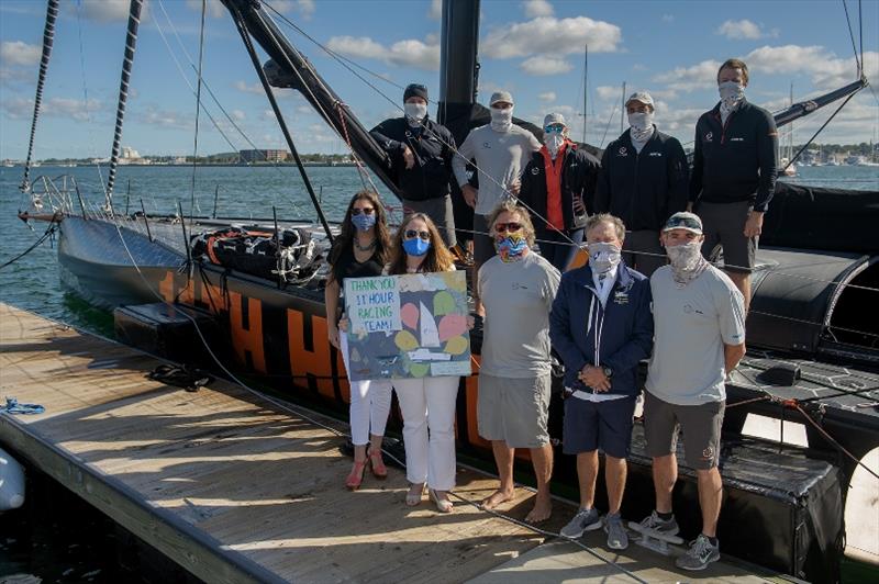 Representatives from the 3 nonprofit organizations selected by Sail for Hope organizers to receive donations gather to thank the 11th Hour Racing Team on the dock at Sail Newport. 11th Hour Racing Team made a $15,000 donation to support the 3 charities photo copyright Rodrigo Fernandez / Sail Newport 2020 taken at 