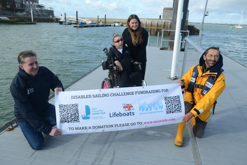 Natasha with her sister Rachel (centre), Frank Fletcher CEO Ellen MacArthur Cancer Trust and Mark Southwell Lifeboat Operations Manager Cowes photo copyright missisle.com taken at 