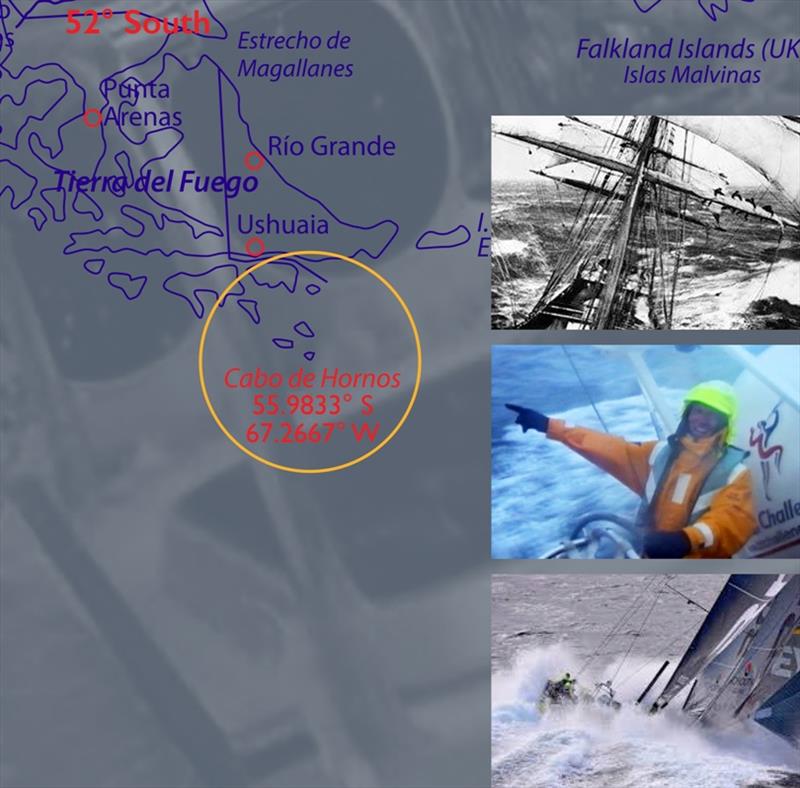 Composition of Cape Horn chart and images of vessels rounding the infamous Cape. - photo © IACH / PPL