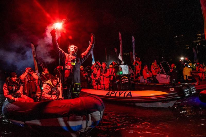 Apivia, skipper Charlie Dalin (FRA), is pictured during finish of the Vendee Globe sailing race, on January 27, 2021 photo copyright Bernard Le Bars taken at 