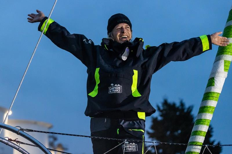 Skipper Miranda Merron, Campagne de France, is pictured celebrating in the channel during arrival of the Vendee Globe sailing race photo copyright Jean-Marie Liot taken at 