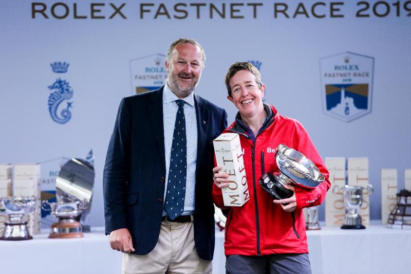 One of the most successful Two-Handed sailors racing with the RORC - Deb Fish on Bellino collects silverware at the 2019 Rolex Fastnet Race photo copyright Rick Tomlinson taken at Royal Ocean Racing Club