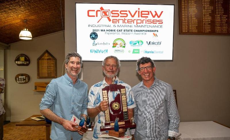 Grand Masters Champions Ben and Matt with Jason - 2021 WA Hobie Cat State Championships photo copyright Drew Malcolm taken at Esperance Bay Yacht Club