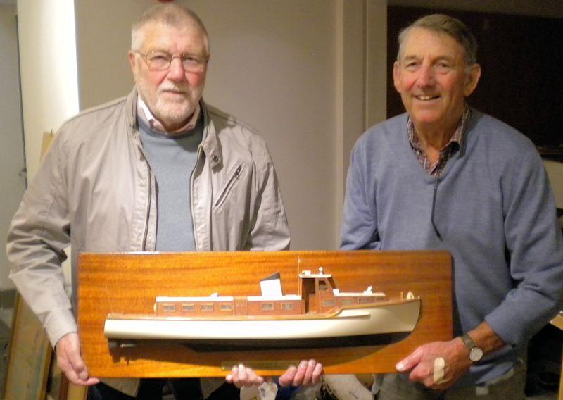 John Mullins donating the half-boat made during his apprenticeship at Aldous Shipyard, to Brightlingsea Museum in 2019 - photo © Mullins family
