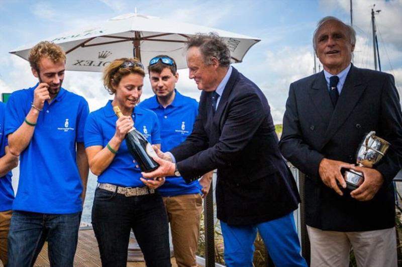 Corinne Migraine and Father Gilles Fournier collect prizes for Pintia's IRC Two victory in the 2017 Rolex Fastnet Race photo copyright ELWJ Photos / RORC taken at Royal Ocean Racing Club