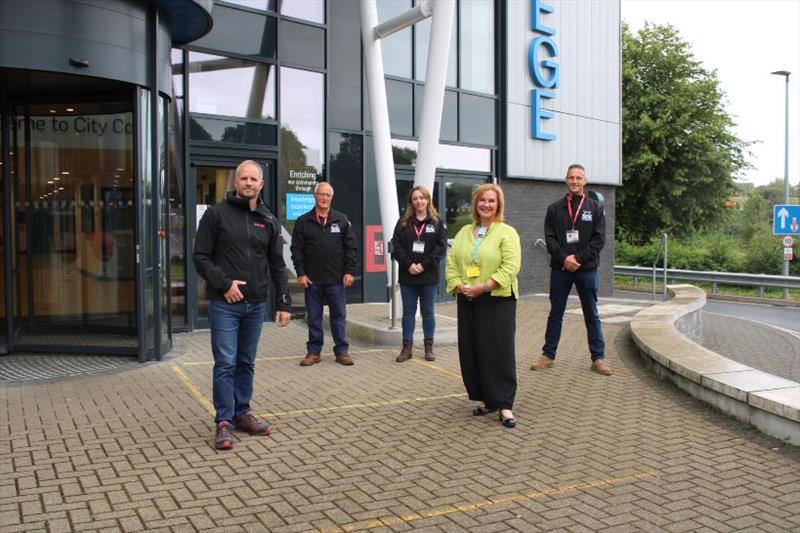 Front row:  Conrad Humphreys - SailGP On-water Operations Manager; Jackie Grubb - City College Plymouth Principal and Chief Executive  Back Row: David Worrall, Sam Morcumb, Gary Stones - Future Fit Field Gun photo copyright SailGP taken at 