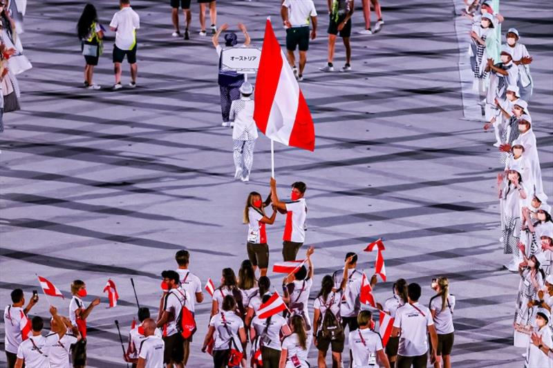 Thomas Zajac and Tanja Frank (AUT) carrying the flag of Austria at the opening ceremony photo copyright Sailing Energy / World Sailing taken at 