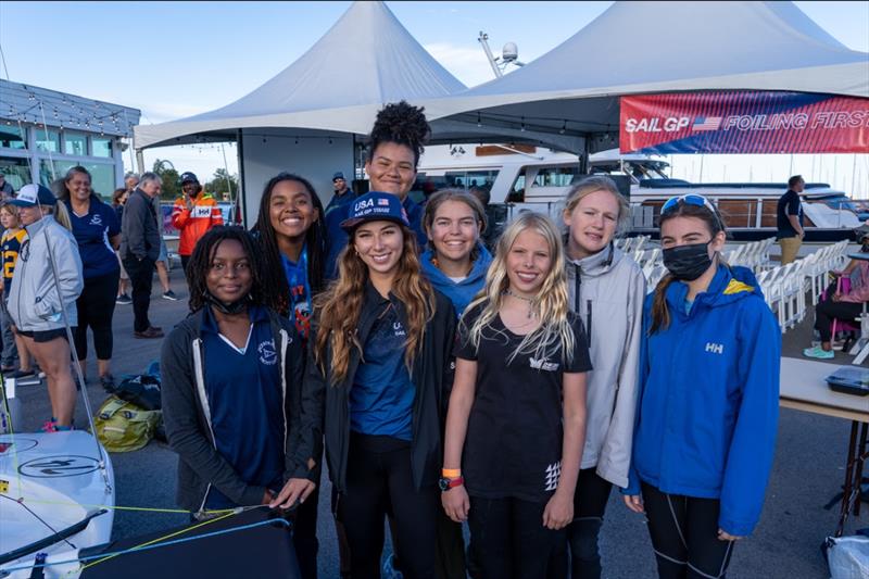 CJ Perez (center, USA SailGP Team hat) with Chicago's next generation of female foiling sailors photo copyright SailGP taken at 