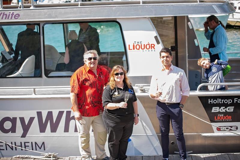 Dave Kelway, Lisa Deleveau and Liquor Store Sponsor Rohit Arora  - launch of MV Ray White - October 2021 photo copyright Karmyn Ingram taken at Waikawa Boating Club