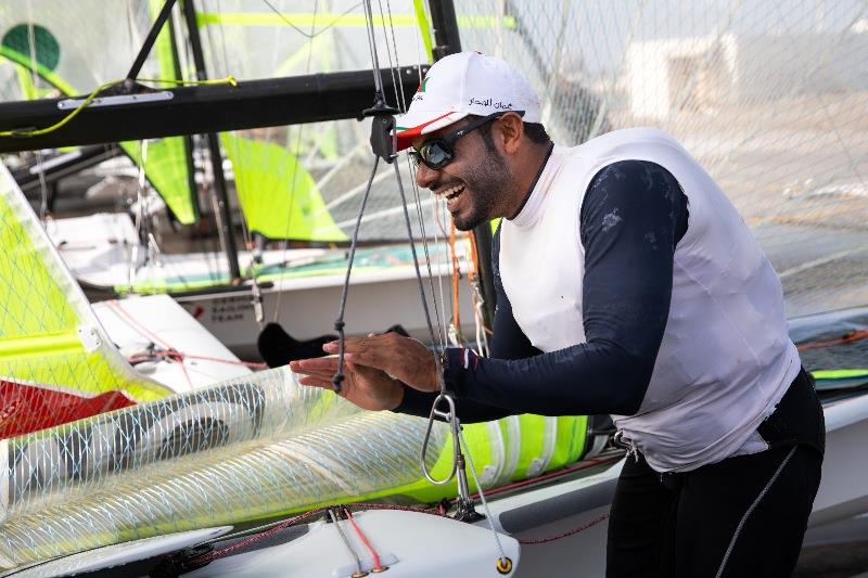 Musab Al Hadi (OMA) learning of his gold fleet inclusion - 2021 Nacra 17, 49erFX and 49er World Championships in Mussanah - Day 3 - photo © Sailing Energy / Oman Sail