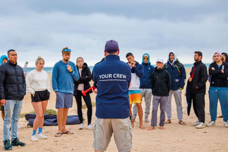 Morning briefing with the riders - 2021 KiteFoil World Series Fuerteventura, Day 3 photo copyright IKA Media / Sailing Energy taken at 