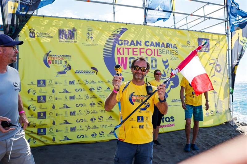 Mirco Babbini, IKA president, tooting the horn, no racing today - 2021 KiteFoil World Series Gran Canaria - Day 2 - photo © IKA Media / Sailing Energy
