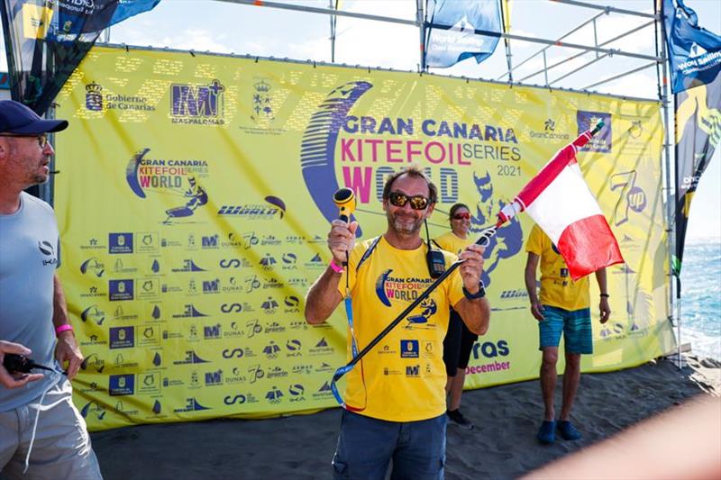 Mirco Babbini, IKA president, tooting the horn, no racing today - 2021 KiteFoil World Series Gran Canaria - Day 2 photo copyright IKA Media / Sailing Energy taken at 