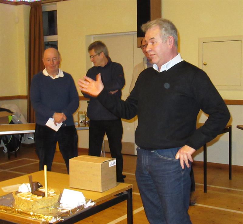 Willie the social hero launching into a lecture on the history, and his tribute; a cake-model of the first successful steamboat, the “Charlotte Dundas”, his 2018 Bake-Off competition entry photo copyright John Sproat taken at Solway Yacht Club