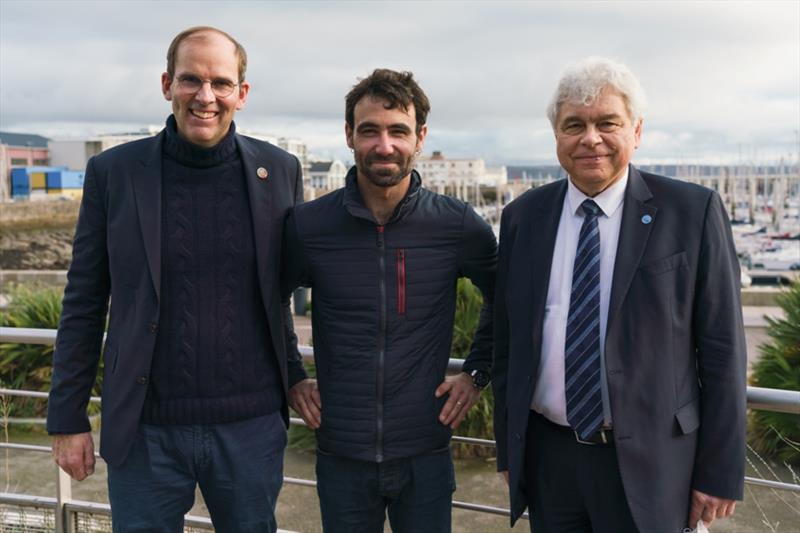 Race Chairman Richard Brisius, IMOCA skipper Alan Roura and Vladimir Ryabinin, Executive Secretary of IOC-UNESCO in Brest, France - photo © Austin Wong / The Ocean Race