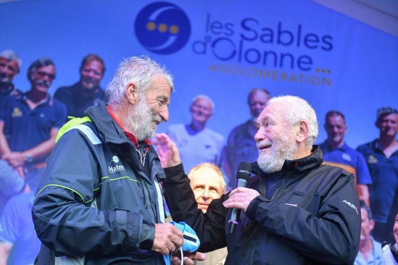 Two celebrated Cape Horners: Frenchman Jean-Luc Van Den Heede (left) being congratulated by Sir Robin Knox-Johnston after winning the 2018/19 Golden Globe Race. Both are members of IACH. - photo © Christophe Favreau / PPL / GGR