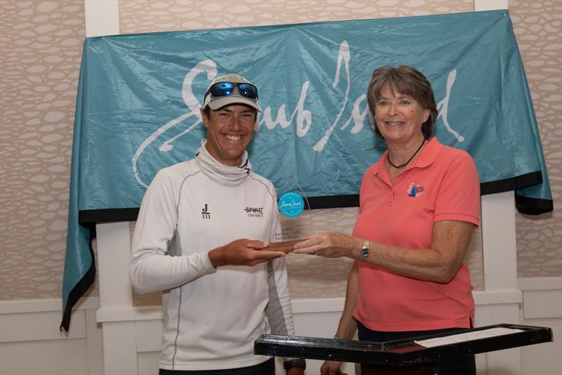 Winners of the day receive their awards - presented by Regatta Director, Judy Petz  Spike - 3rd place racing class on day 1 of the 49th Annual BVI Spring Regatta & Sailing Festival photo copyright Alastair Abrehart  taken at Royal BVI Yacht Club