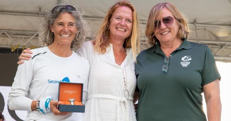 Winner of a Locman Italy watch - Lyssandra Barbieri, Locman Italy Representative - Camilla Holme, Alison Sly-Adams, President & Commercial Director on Locman Italy Women's Race Day at Antigua Sailing Week photo copyright Ted Martin taken at Antigua Yacht Club