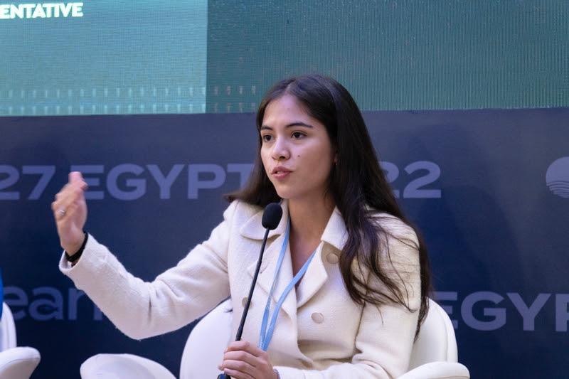Xiye Bastida, Climate Justice Activist, Co-Founder of Re-Earth Initiative, speaking at one of The Ocean Race events at COP27 photo copyright Cherie Bridges / The Ocean Race taken at 