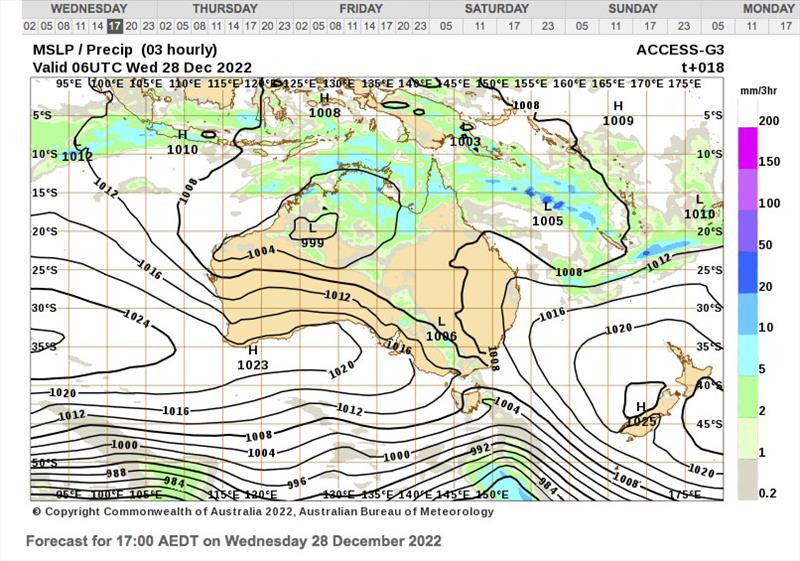 Mean Sea Level pressure chart for 1700hrs AEDT December 28, 2022 photo copyright BOM taken at 