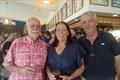 Ocean Racers in Metung: Robert Vaughan, skipper of Van Diemen III and who sailed on Kialoa III, with Mary Rowe, MYC Rear Commodore and Jeff Rose, MYC Commodore © Jeanette Severs
