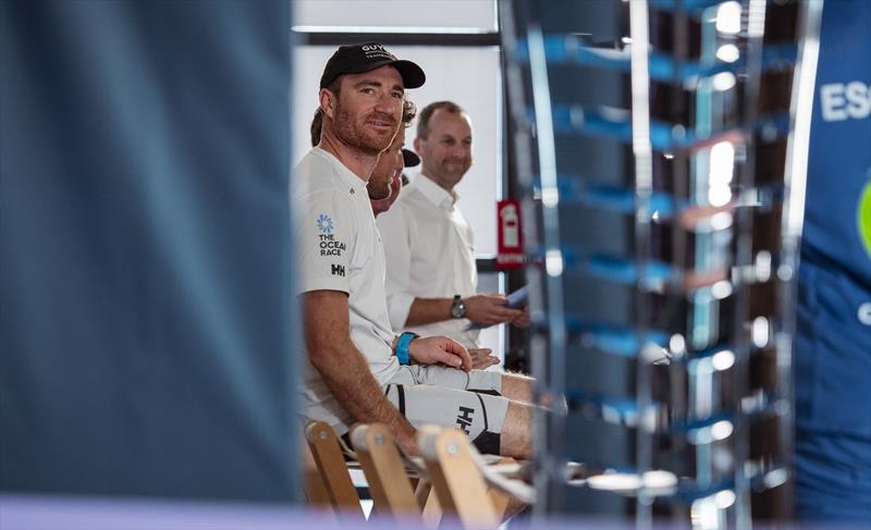 The Skippers press conference also saw the presentation of the Ocean Race trophy, seen here with Benjamin Dutreux eyeing it - photo © Julius Osner / GUYOT environnement - Team Europe