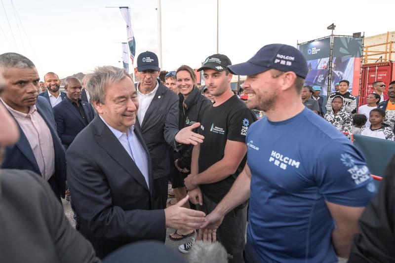 21 January 2023, SGNU Dr. Antonio Guterres and The Ocean Race Chairman Richard Brisius greet Kevin Escoffier, skipper of IMOCA Holcim - PRB Team, Leg 1 winners - photo © Sailing Energy / The Ocean Race