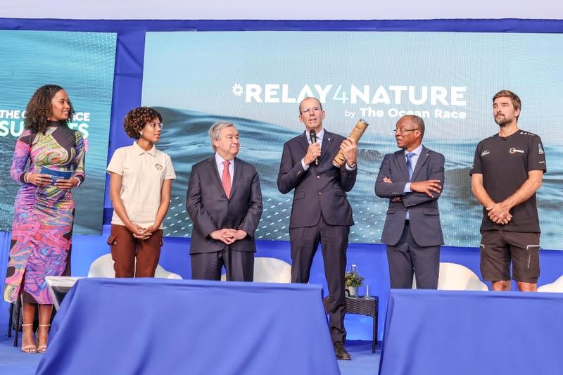 Nature's Baton, the symbol of Relay4Nature, on stage at The Ocean Race Summit Mindelo photo copyright Sailing Energy / The Ocean Race taken at 