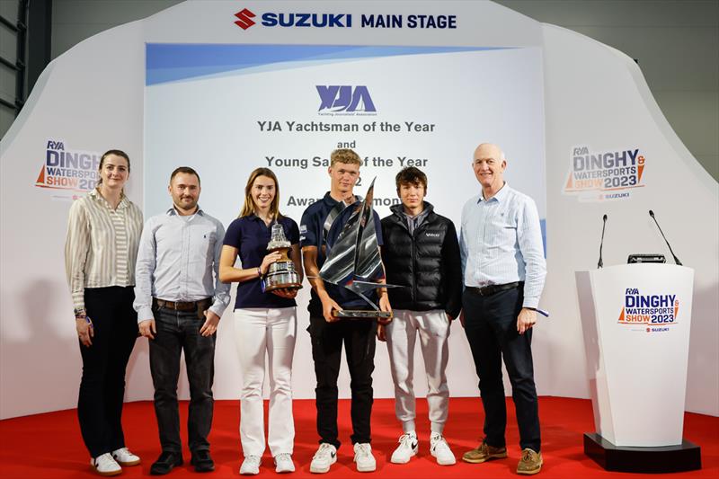 YJA Yachtsman of the Year Awards 2022 (l-r) Eilidh McIntyre, Tom Gillard, Hattie Rogers, Charlie Dixon, Joe Rowe, Mike McIntyre photo copyright Paul Wyeth / RYA taken at RYA Dinghy Show