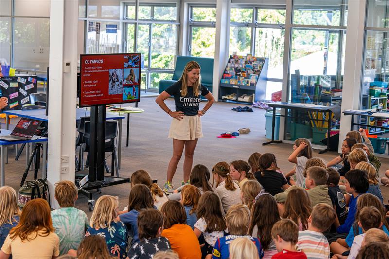 Hannah Mills speaking at a local school in Christchurch ahead of racing  - photo © C. Gregory