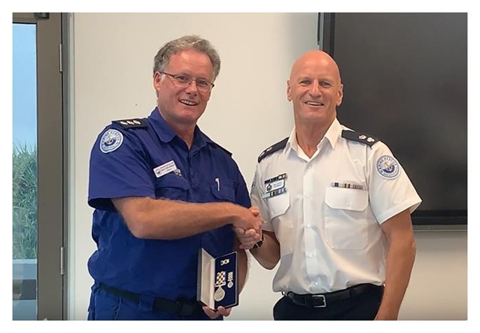 L to R: Wooli Unit Commander Matthew McLennan and Marine Rescue NSW Northern Zone Commander Mal Jeffs - photo © Marine Rescue NSW